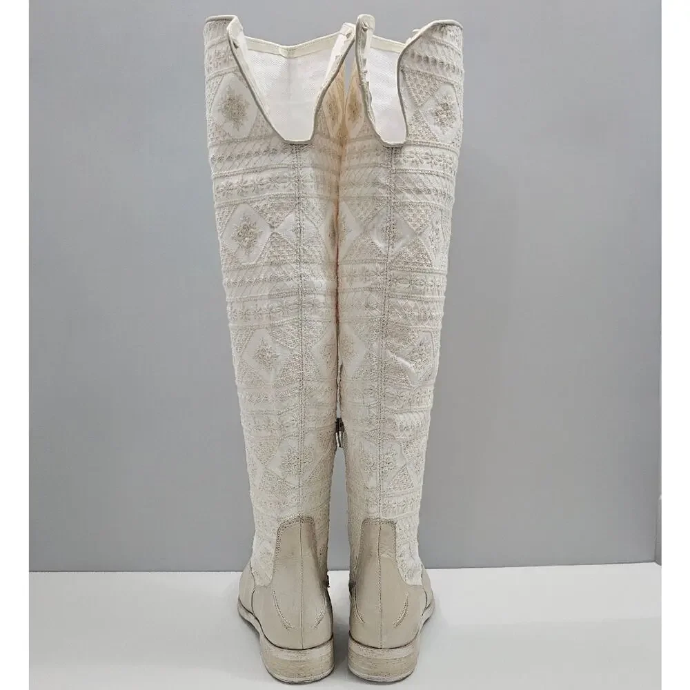 Free People Bren Knee High Boot Womens EU 37 Cream Embroidered Boho Slouchy NEW